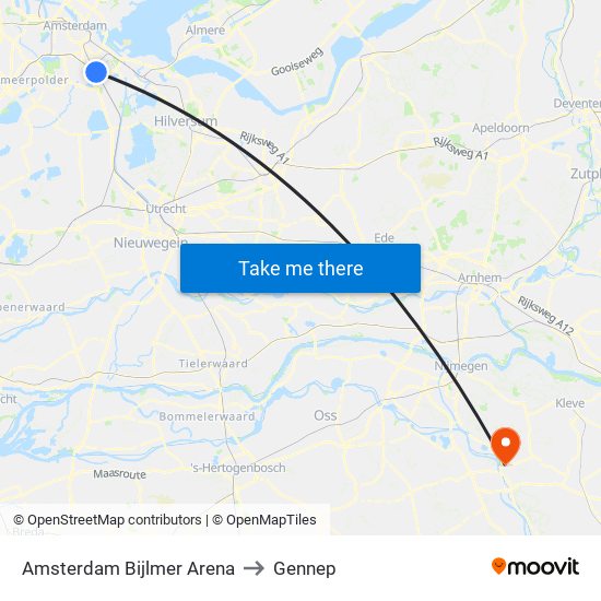 Amsterdam Bijlmer Arena to Gennep map