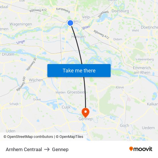 Arnhem Centraal to Gennep map