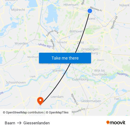 Baarn to Giessenlanden map