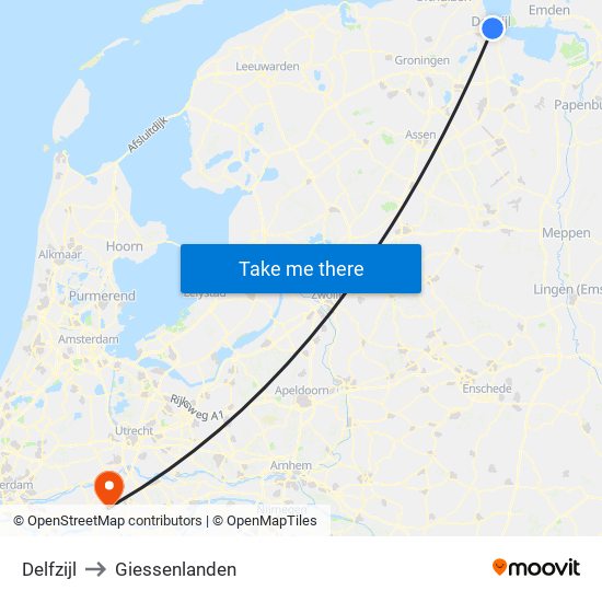 Delfzijl to Giessenlanden map