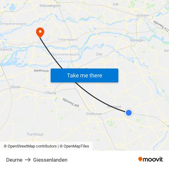Deurne to Giessenlanden map