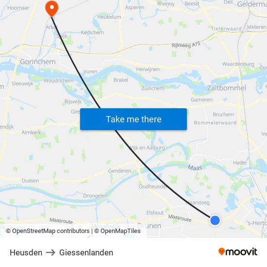 Heusden to Giessenlanden map
