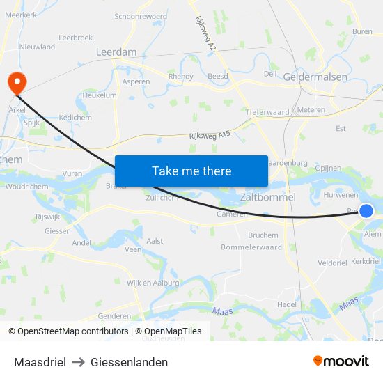 Maasdriel to Giessenlanden map