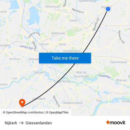 Nijkerk to Giessenlanden map