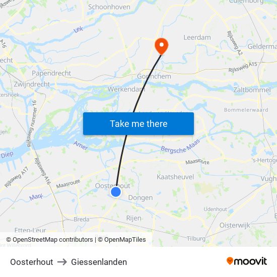 Oosterhout to Giessenlanden map