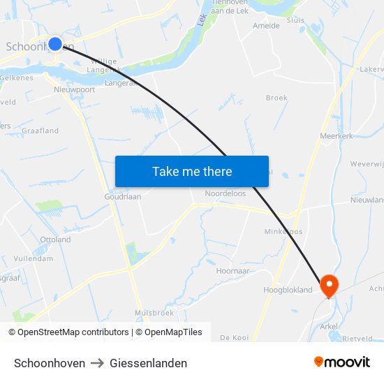 Schoonhoven to Giessenlanden map
