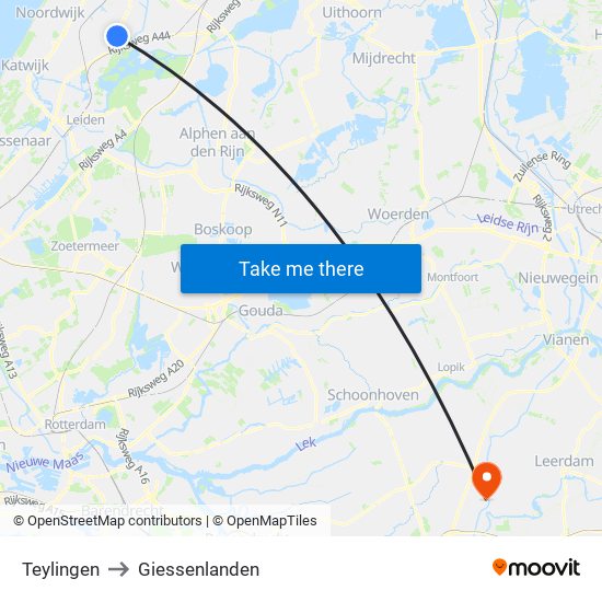 Teylingen to Giessenlanden map