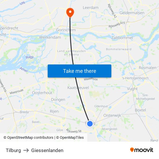 Tilburg to Giessenlanden map