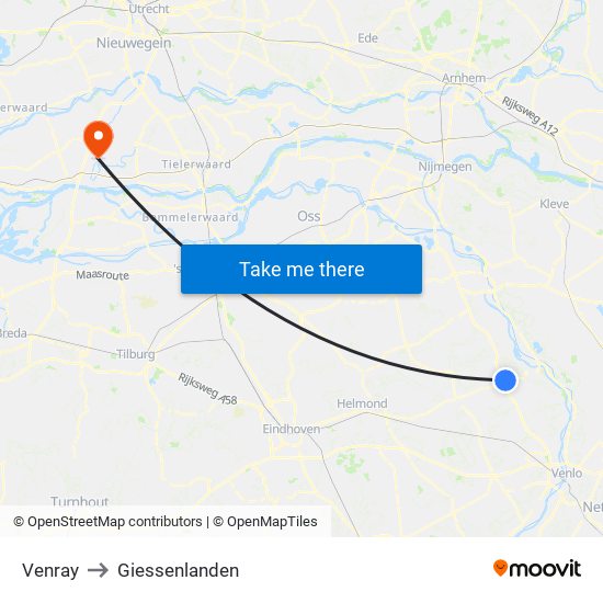 Venray to Giessenlanden map