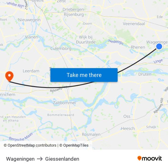 Wageningen to Giessenlanden map