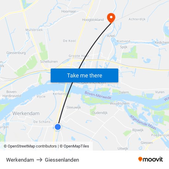 Werkendam to Giessenlanden map