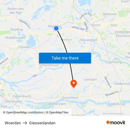 Woerden to Giessenlanden map