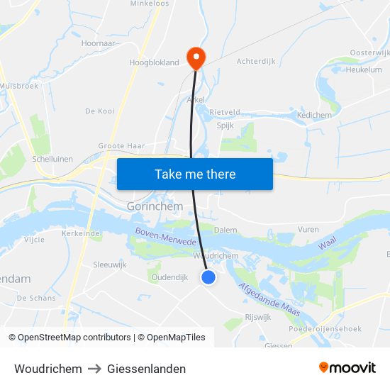 Woudrichem to Giessenlanden map