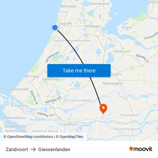 Zandvoort to Giessenlanden map