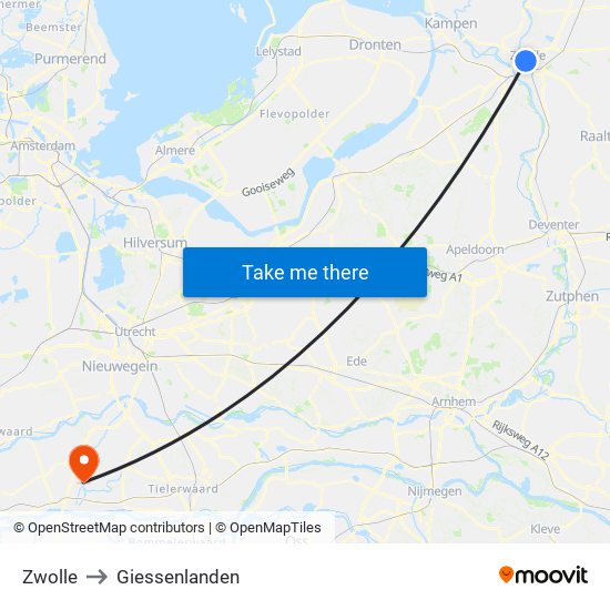 Zwolle to Giessenlanden map