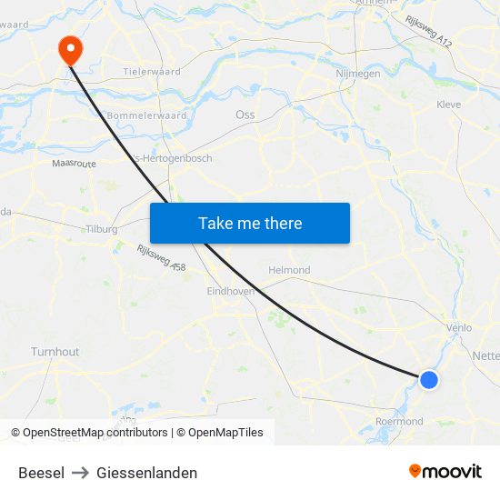 Beesel to Giessenlanden map