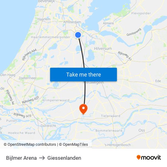 Bijlmer Arena to Giessenlanden map