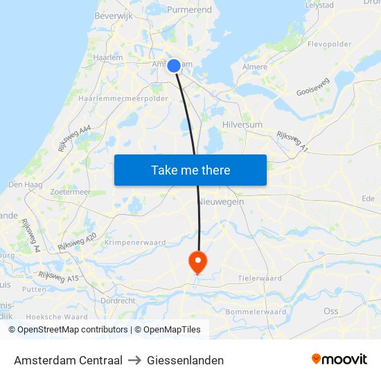 Amsterdam Centraal to Giessenlanden map