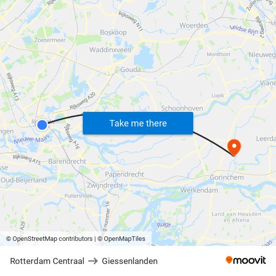 Rotterdam Centraal to Giessenlanden map