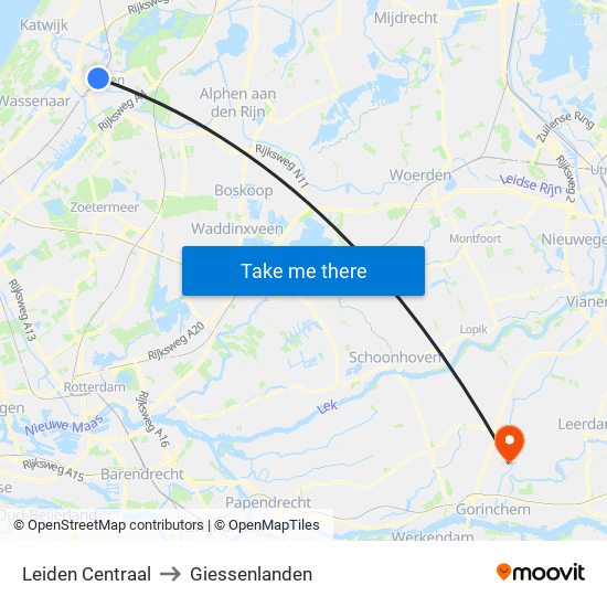 Leiden Centraal to Giessenlanden map