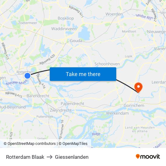 Rotterdam Blaak to Giessenlanden map