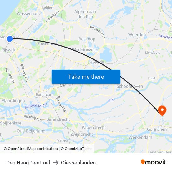 Den Haag Centraal to Giessenlanden map