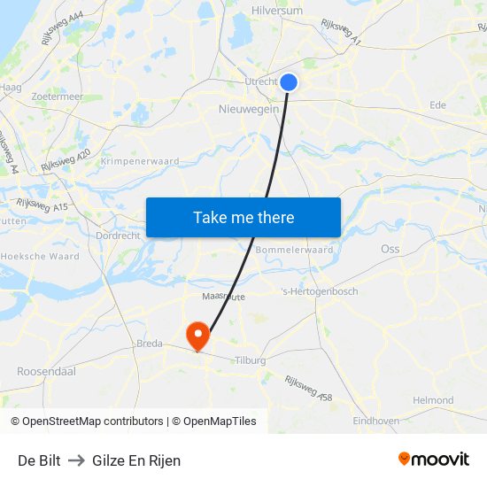 De Bilt to Gilze En Rijen map