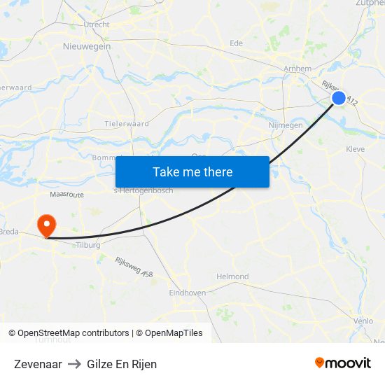 Zevenaar to Gilze En Rijen map