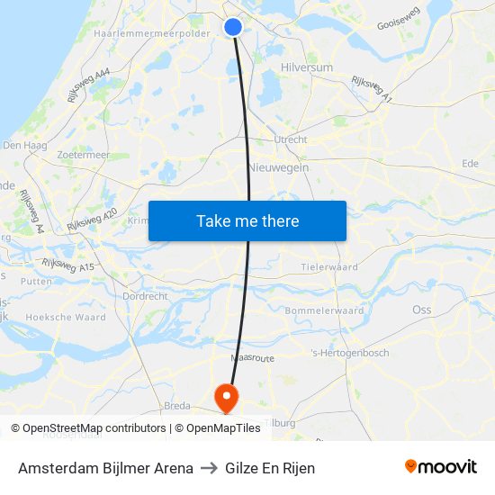 Amsterdam Bijlmer Arena to Gilze En Rijen map