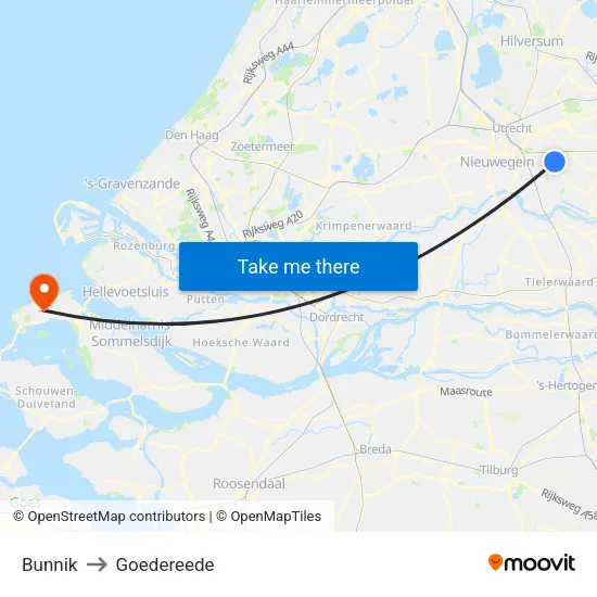 Bunnik to Goedereede map