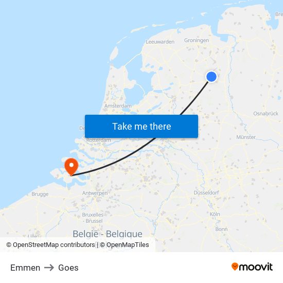 Emmen to Goes map