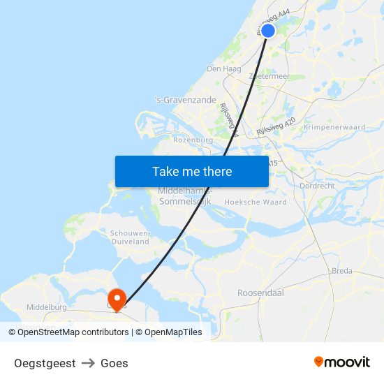 Oegstgeest to Goes map