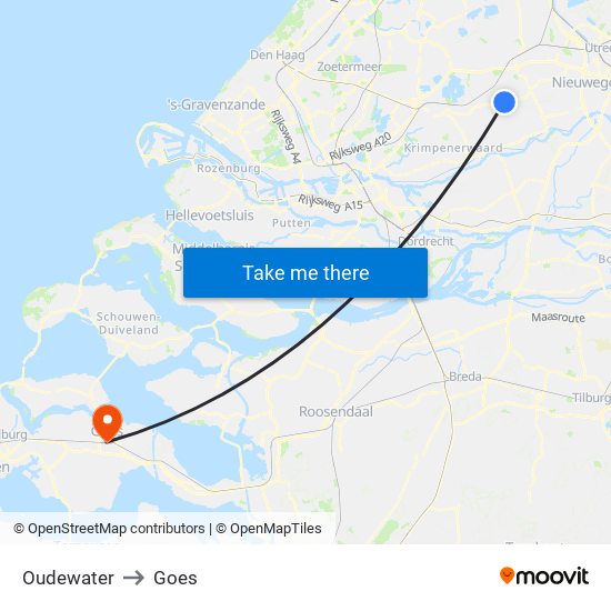 Oudewater to Goes map