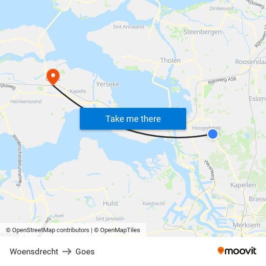 Woensdrecht to Goes map