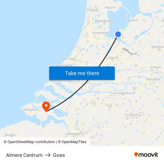 Almere Centrum to Goes map