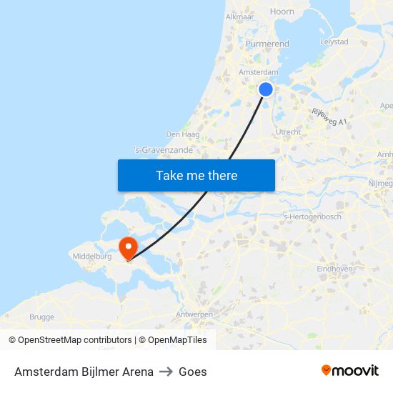 Amsterdam Bijlmer Arena to Goes map