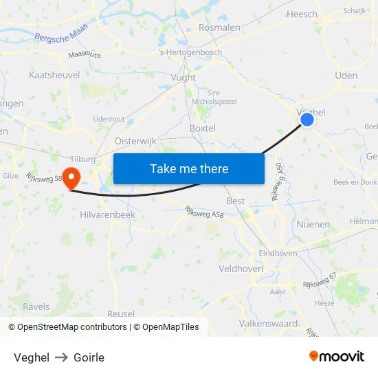 Veghel to Goirle map