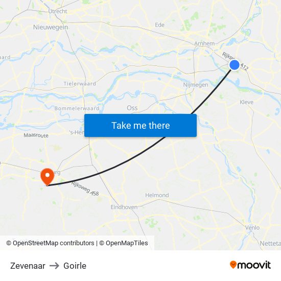 Zevenaar to Goirle map