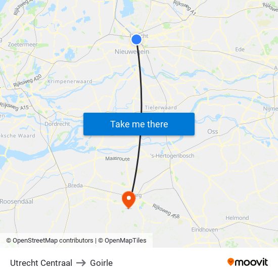 Utrecht Centraal to Goirle map