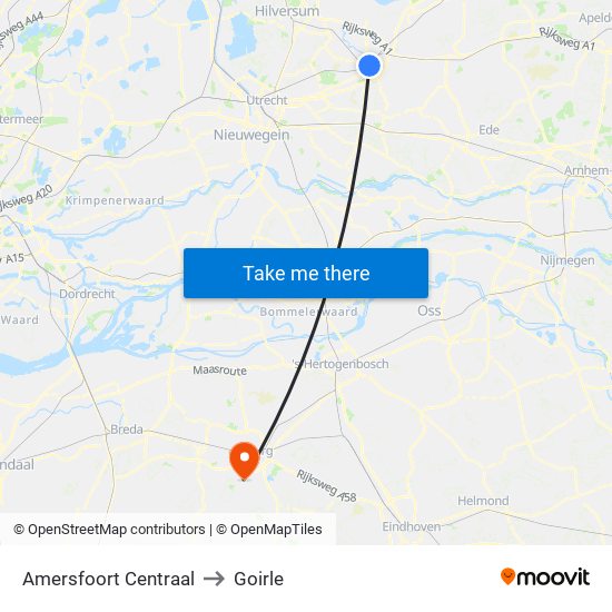 Amersfoort Centraal to Goirle map