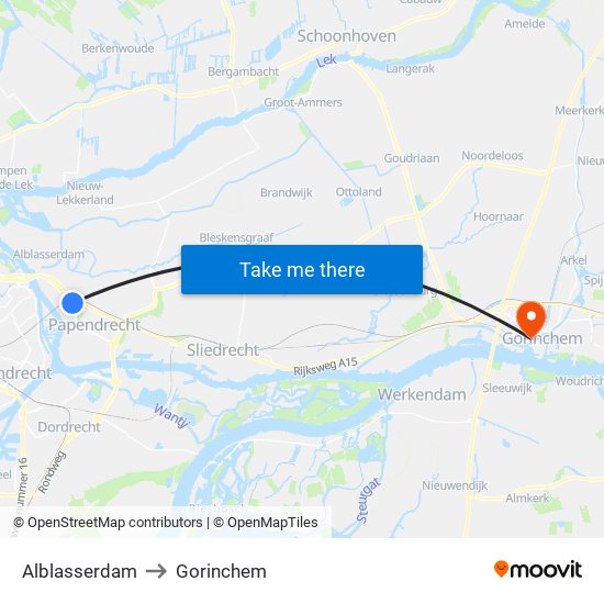 Alblasserdam to Gorinchem map