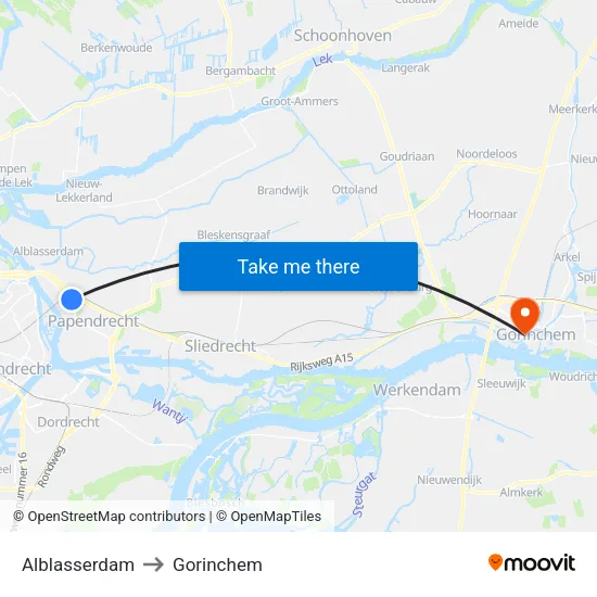 Alblasserdam to Gorinchem map