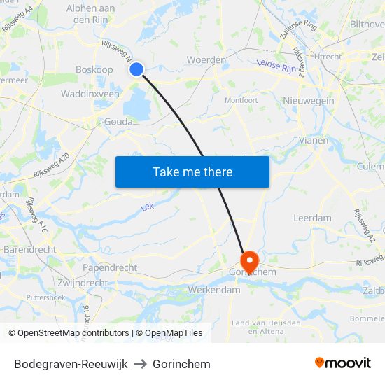 Bodegraven-Reeuwijk to Gorinchem map