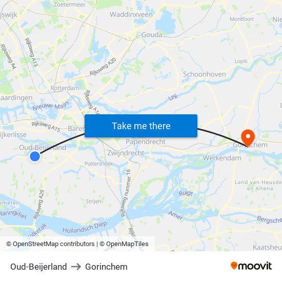 Oud-Beijerland to Gorinchem map