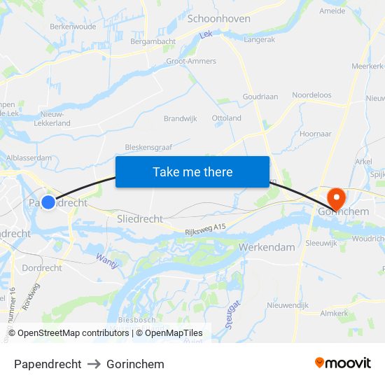 Papendrecht to Gorinchem map