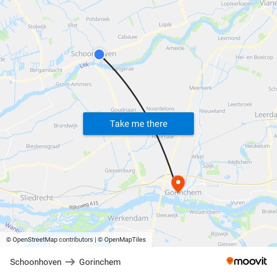 Schoonhoven to Gorinchem map