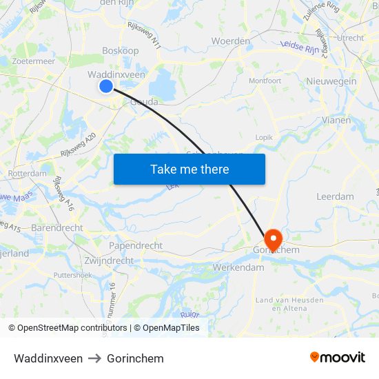 Waddinxveen to Gorinchem map