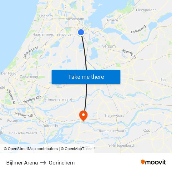 Bijlmer Arena to Gorinchem map