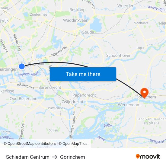 Schiedam Centrum to Gorinchem map