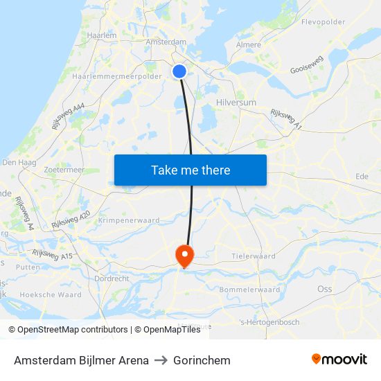 Amsterdam Bijlmer Arena to Gorinchem map